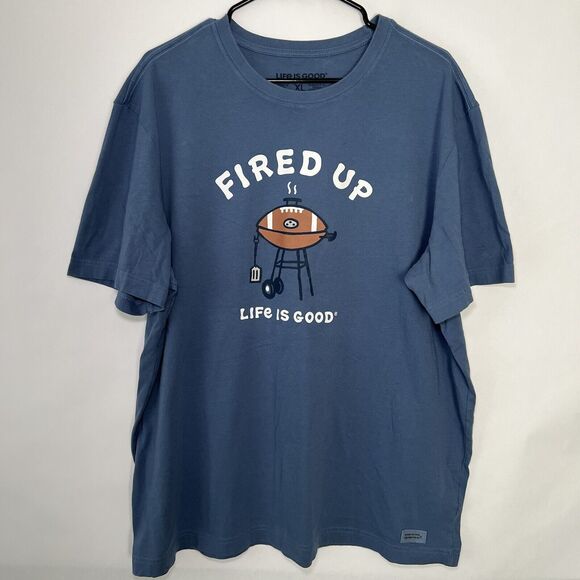 Life Is Good Crusher Tee T Shirt Mens Size XL Blue Fired Up Football Grill SS - Picture 1 of 10